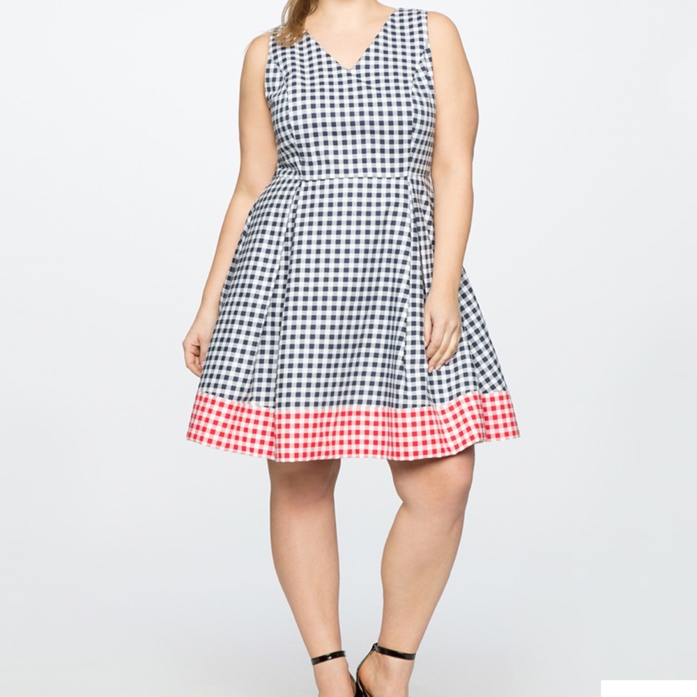 NWT Draper James X Eloquii Dolly Fit and Flare Sleeveless Gingham Dress Navy Red